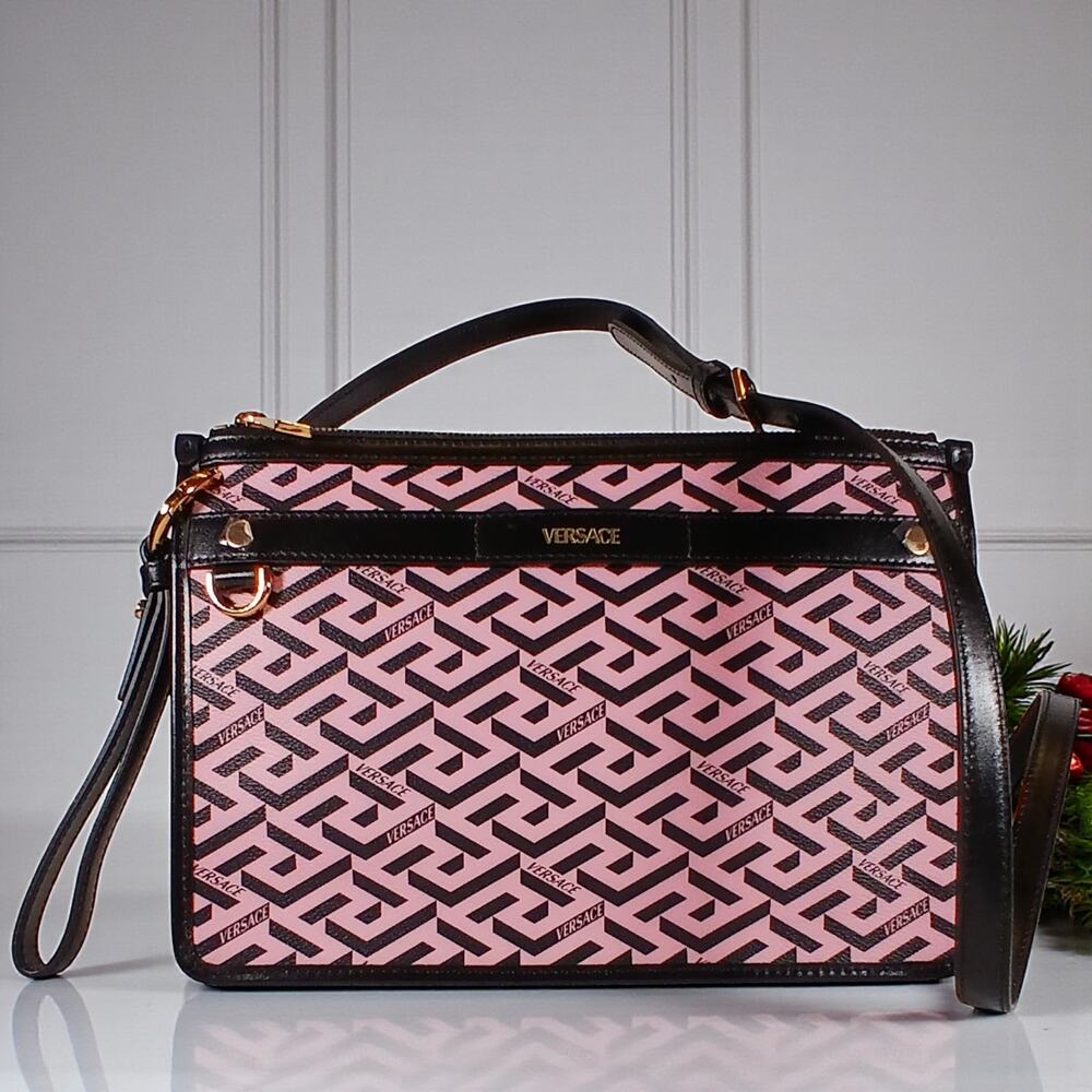 Authentic Versace La Greca Signature Coated Canvas Leather Crossbody MSRP $1,400